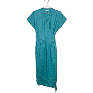 Visible Art Linen Wrap Midi Dress Turquoise